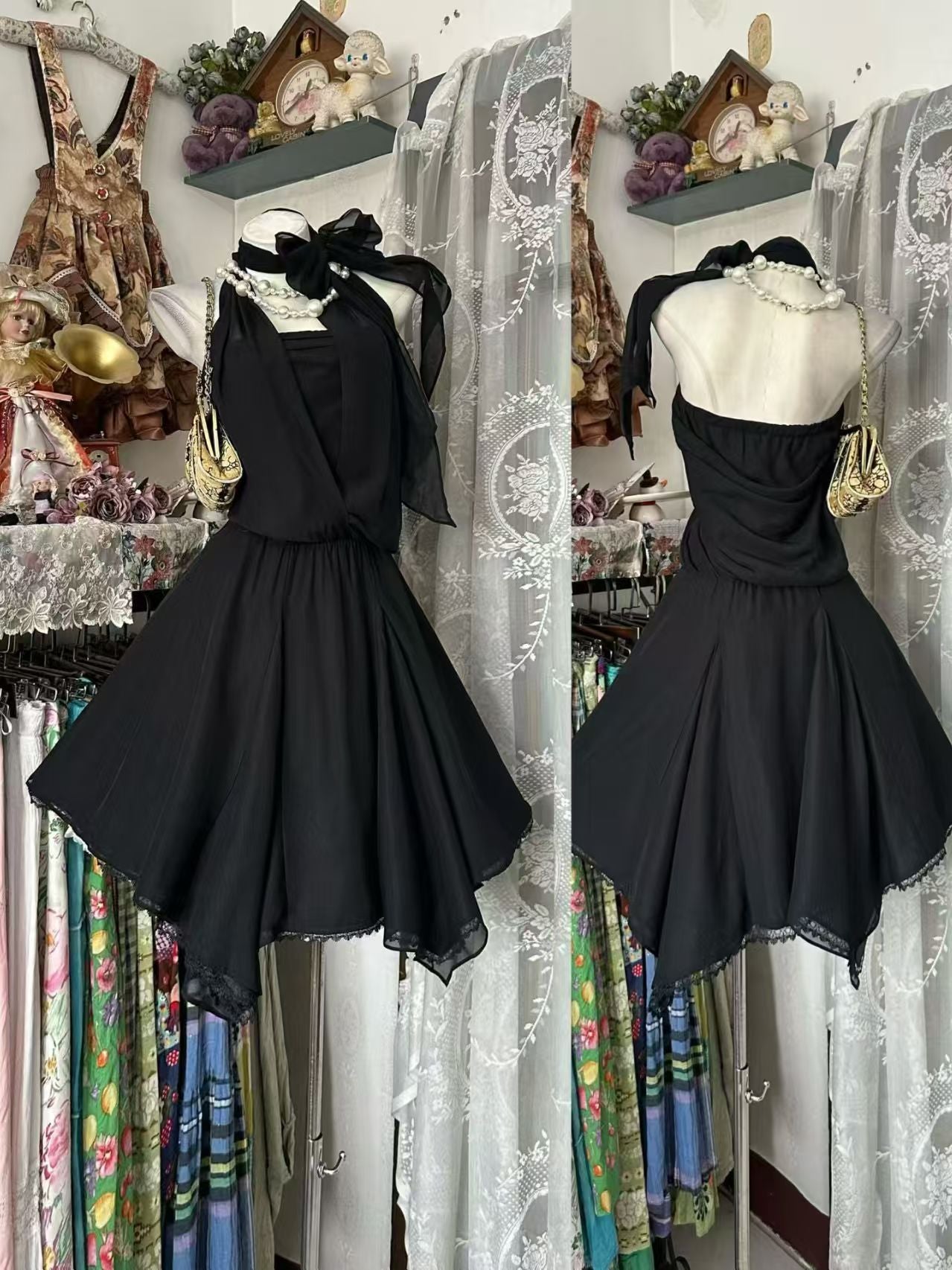 Halter A Line Black Chiffon Birthday Outfit Homecoming Dress  P2087