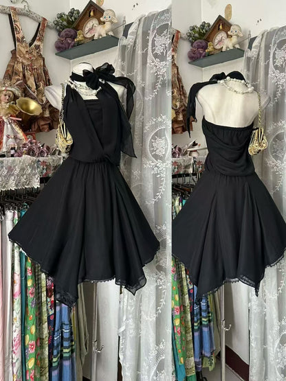 Halter A Line Black Chiffon Birthday Outfit Homecoming Dress  P2087