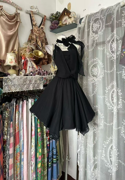 Halter A Line Black Chiffon Birthday Outfit Homecoming Dress  P2087