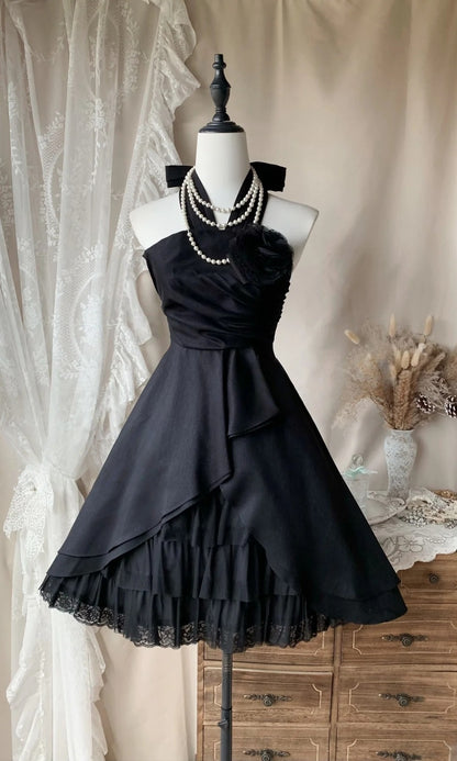 Halter A Line Black Homecoming Dress Short Party Dress  P1663