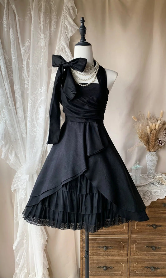Halter A Line Black Homecoming Dress Short Party Dress  P1663