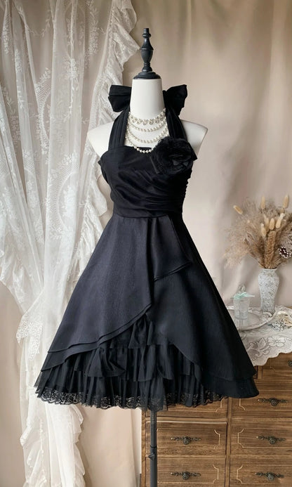 Halter A Line Black Homecoming Dress Short Party Dress  P1663