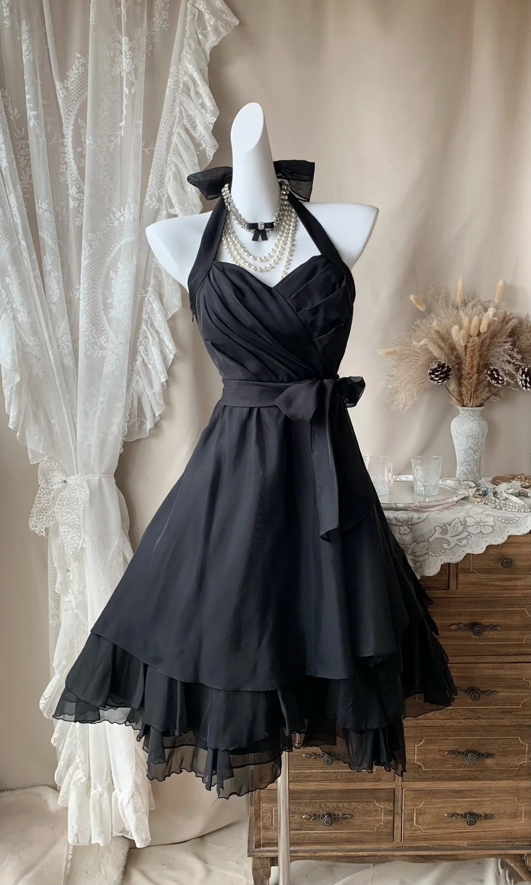 Halter A Line Black Short Homecoming Dress Chiffon Party Dress  P1939