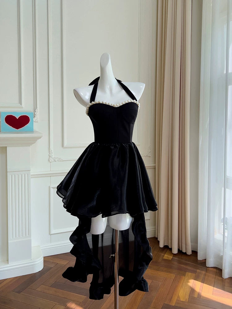 Halter A Line Black Velvet Birthday Dress Short Homecoming Dress  P1738