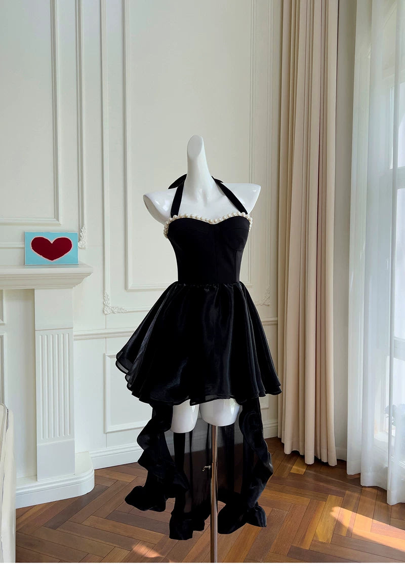 Halter A Line Black Velvet Birthday Dress Short Homecoming Dress  P1738