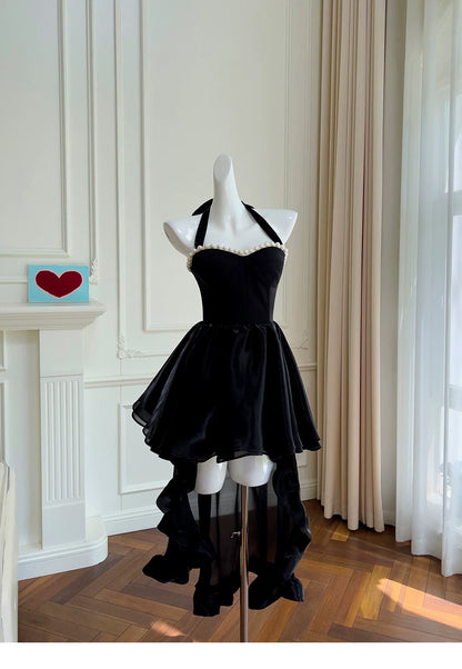 Halter A Line Black Velvet Birthday Dress Short Homecoming Dress  P1738