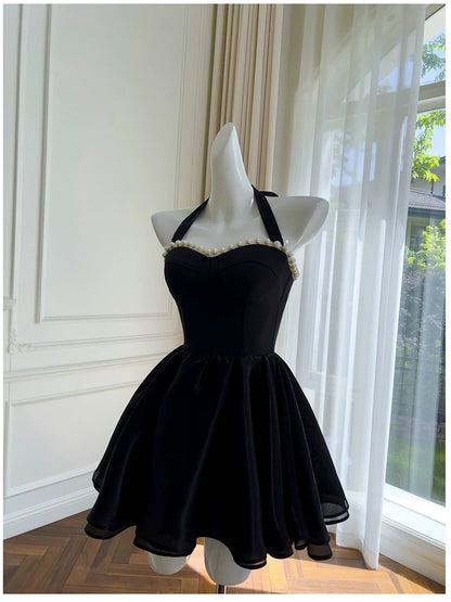 Halter A Line Black Velvet Birthday Dress Short Homecoming Dress  P1738