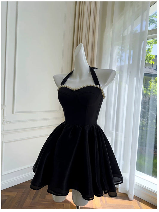 Halter A Line Black Velvet Birthday Dress Short Homecoming Dress  P1738