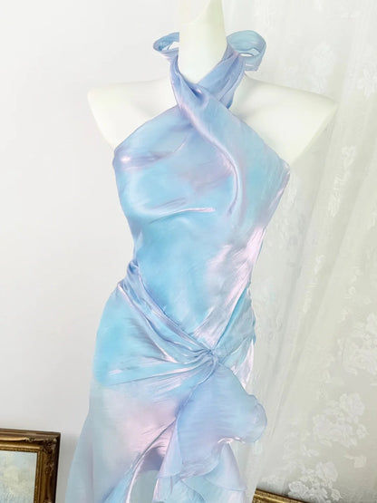 Halter A Line Blue Ruffled Homecoming Dress Party Dress  P1722