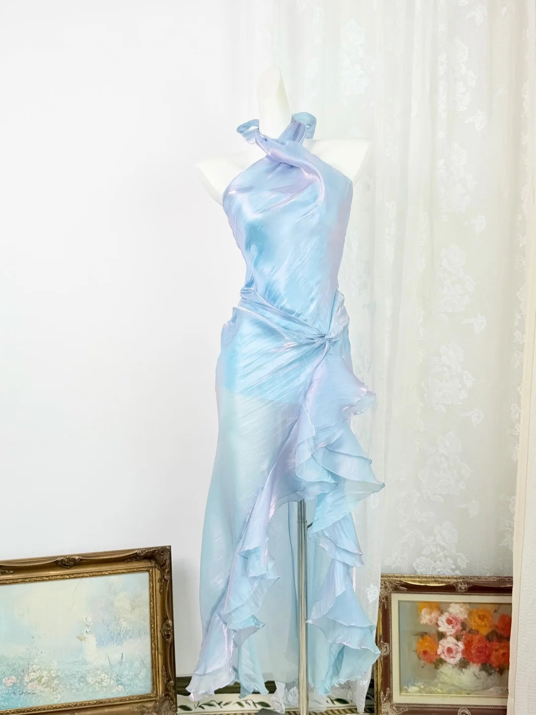 Halter A Line Blue Ruffled Homecoming Dress Party Dress  P1722