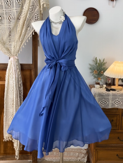 Halter A Line Blue Short Homecoming Dress Chiffon Party Dress  P1489