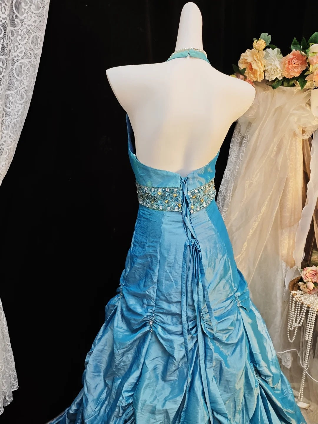 Halter A Line Blue Taffeta Birthday Gown Retro Formal Prom Dress  P1853