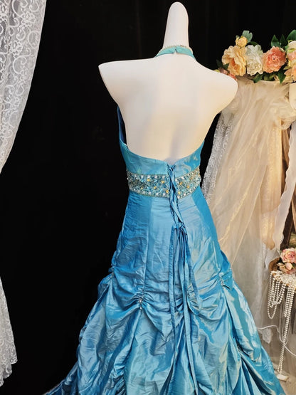 Halter A Line Blue Taffeta Birthday Gown Retro Formal Prom Dress  P1853