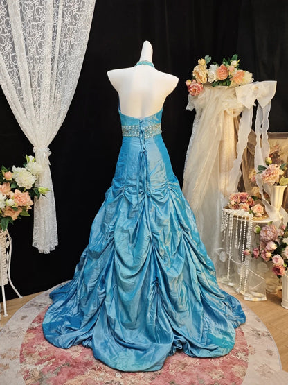 Halter A Line Blue Taffeta Birthday Gown Retro Formal Prom Dress  P1853