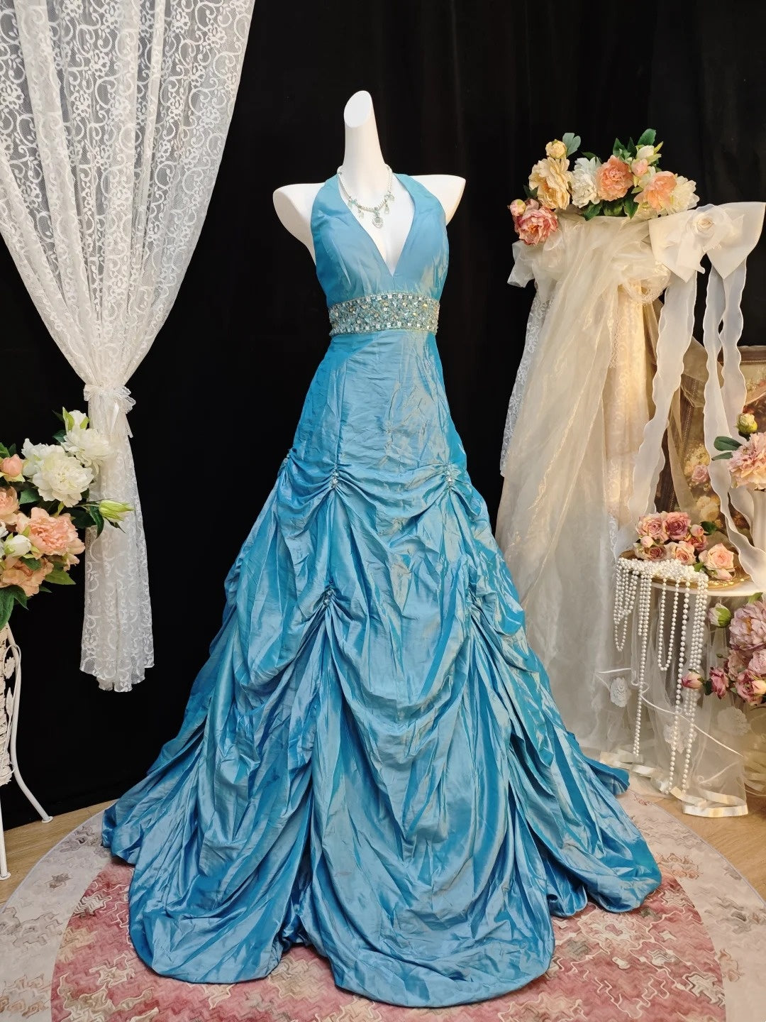 Halter A Line Blue Taffeta Birthday Gown Retro Formal Prom Dress  P1853
