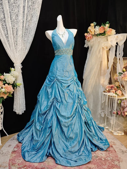 Halter A Line Blue Taffeta Birthday Gown Retro Formal Prom Dress  P1853