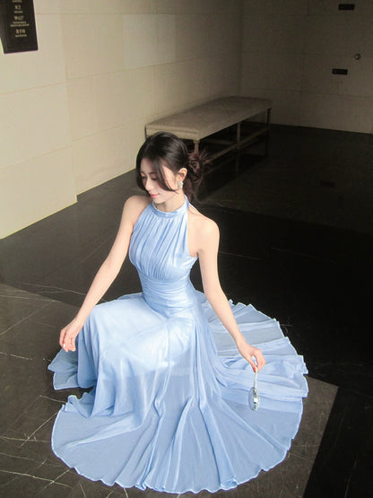 Halter A Line Blue Wedding Guest Dress Bridesmaid Dress  P1393