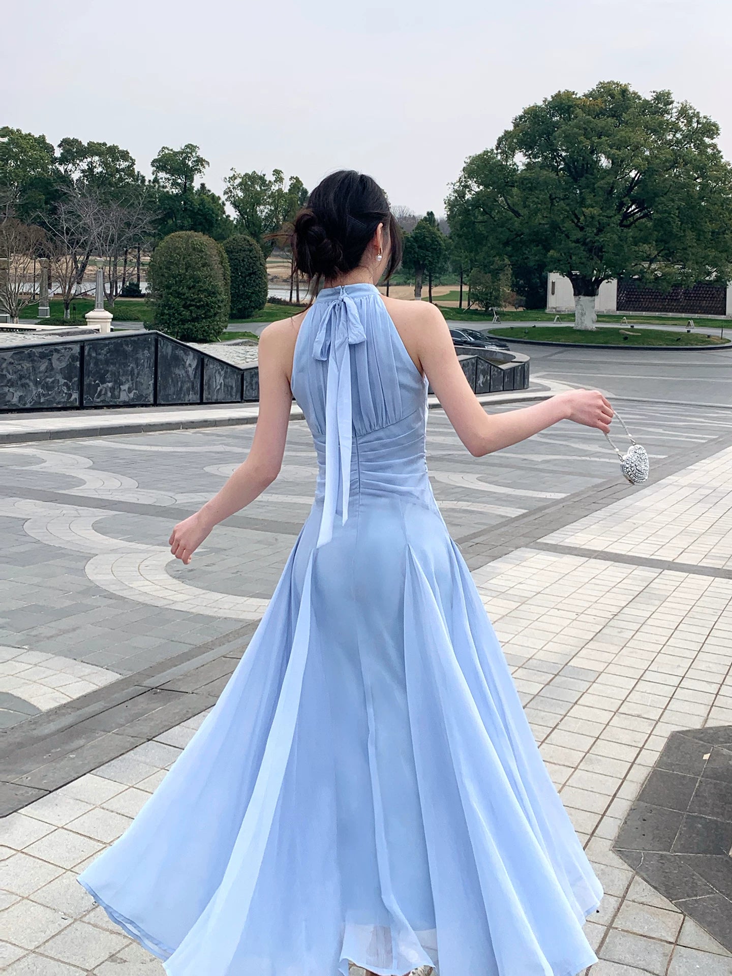 Halter A Line Blue Wedding Guest Dress Bridesmaid Dress  P1393