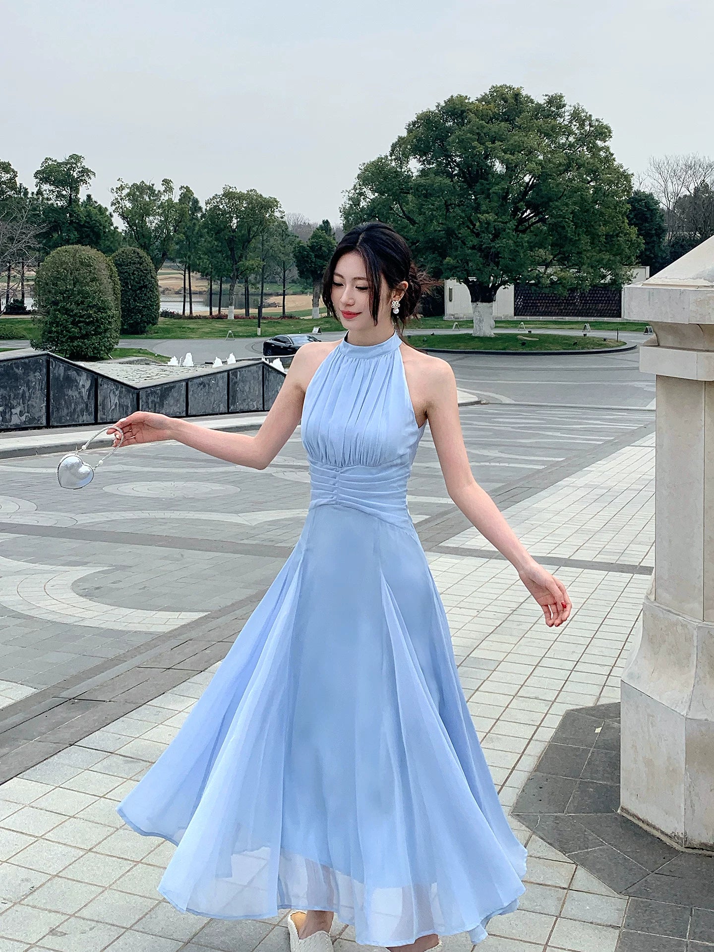 Halter A Line Blue Wedding Guest Dress Bridesmaid Dress  P1393
