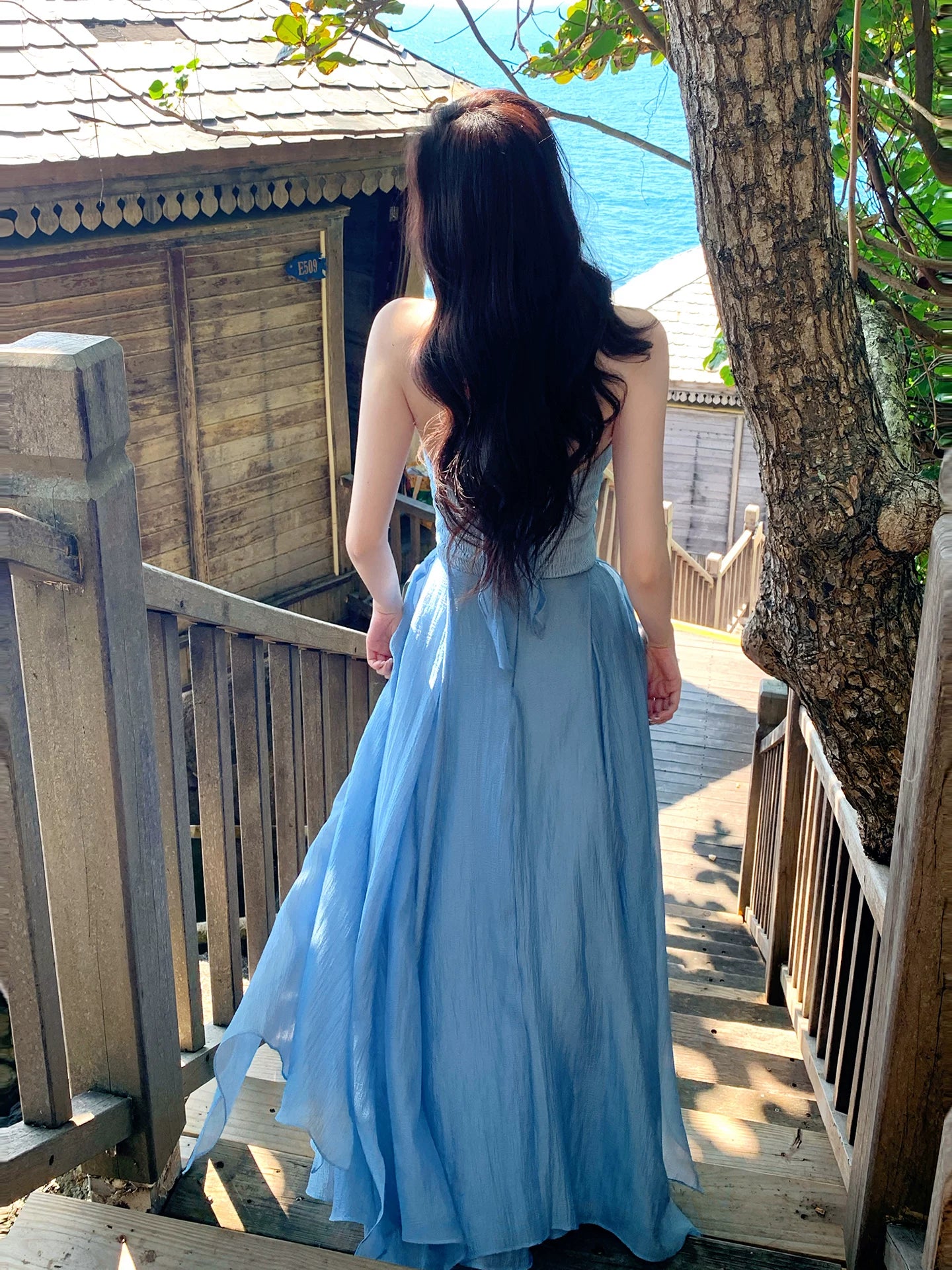Halter A Line Blue Wedding Guest Dress Long Summer Dress   L148