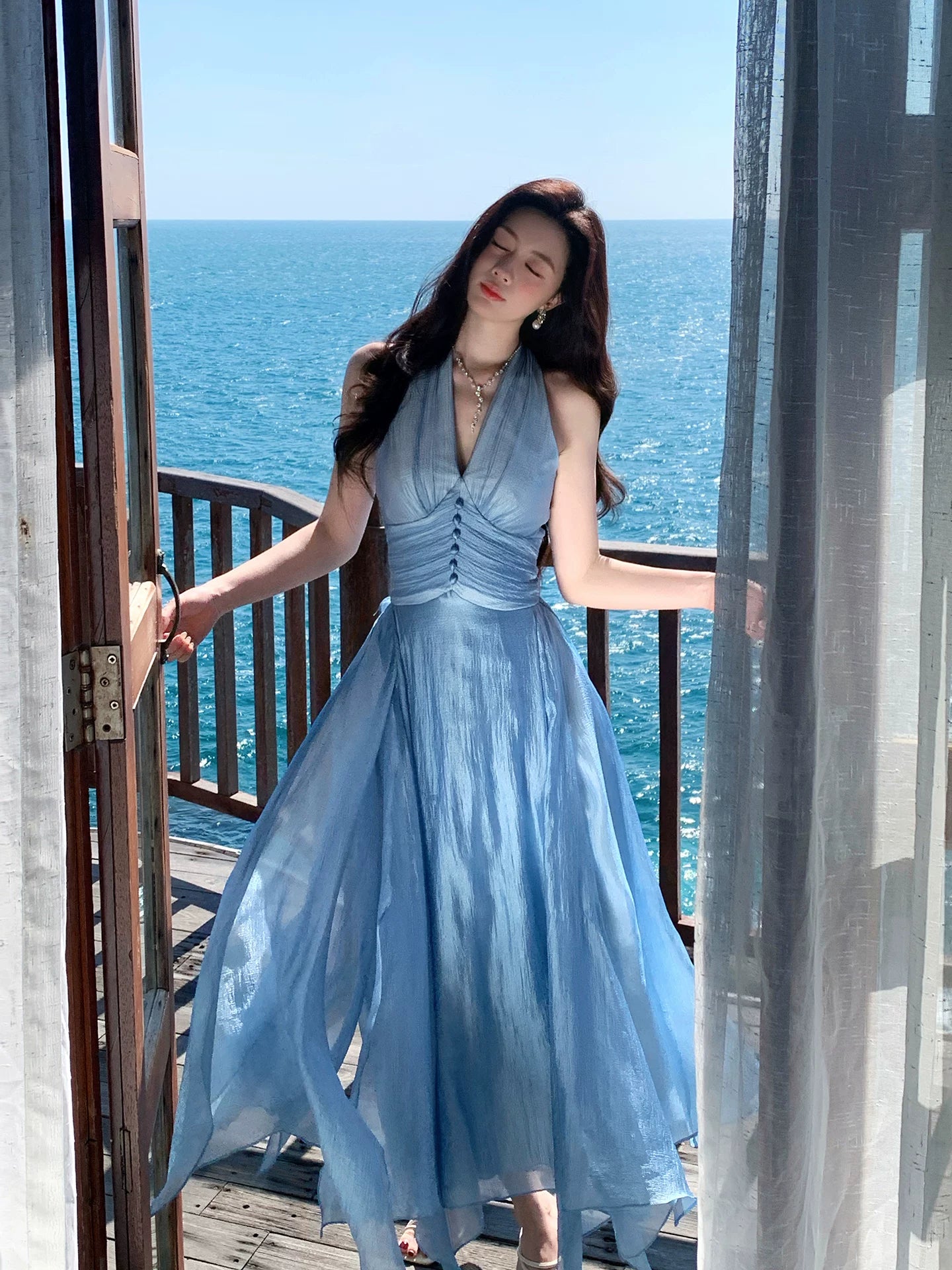 Halter A Line Blue Wedding Guest Dress Long Summer Dress   L148