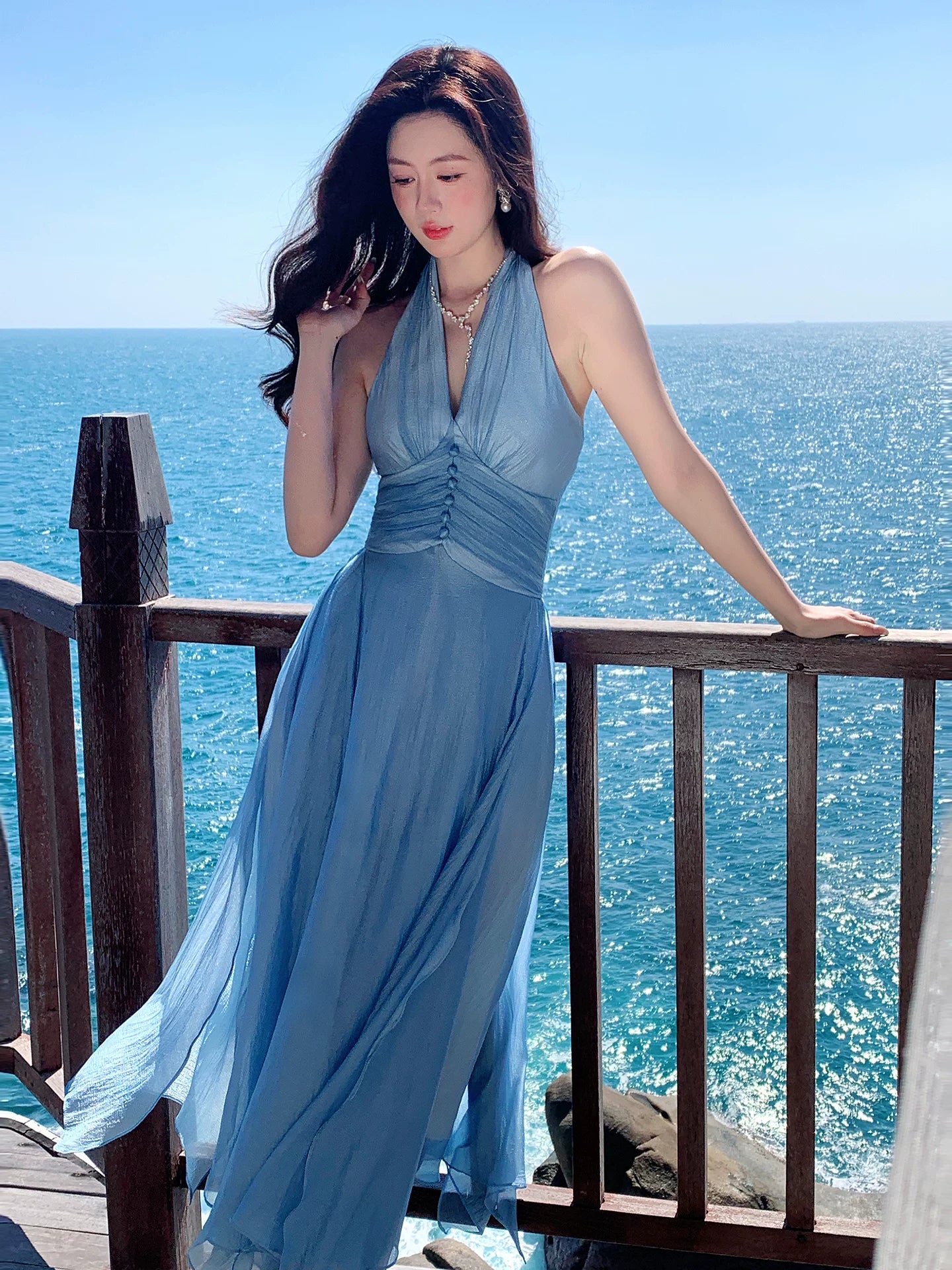 Halter A Line Blue Wedding Guest Dress Long Summer Dress   L148