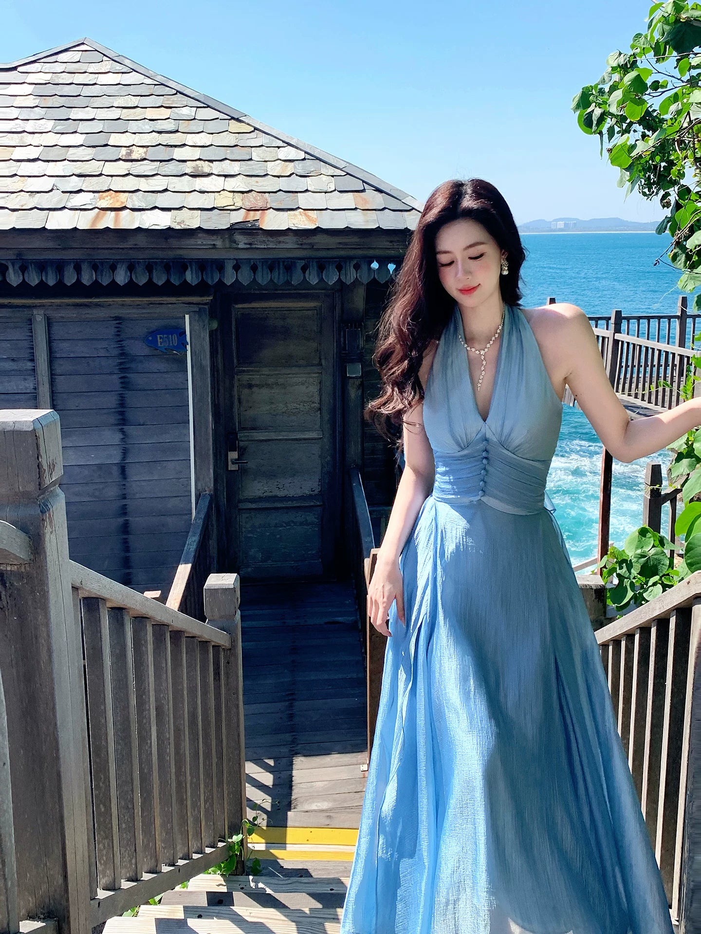 Halter A Line Blue Wedding Guest Dress Long Summer Dress   L148