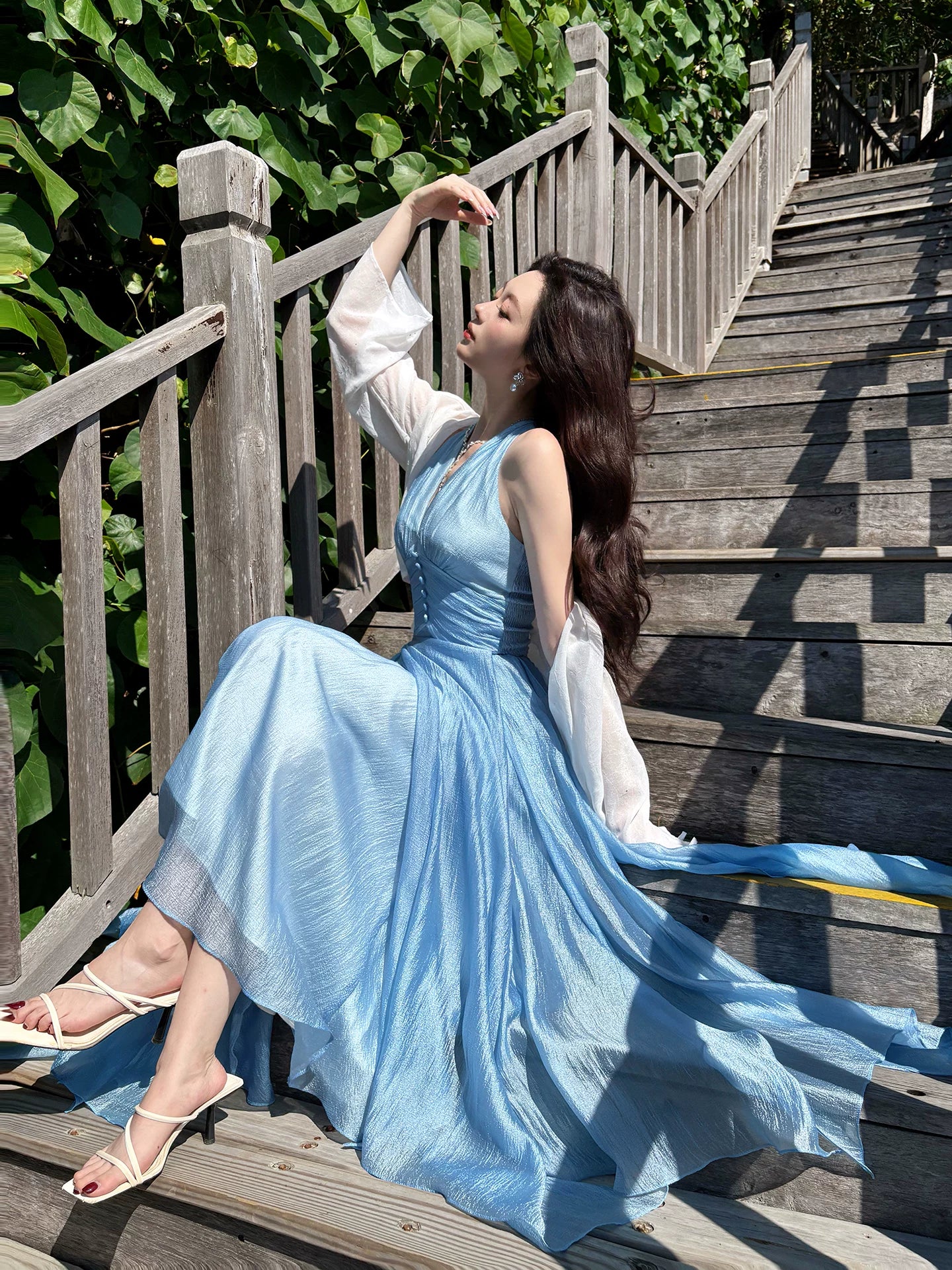 Halter A Line Blue Wedding Guest Dress Long Summer Dress   L148