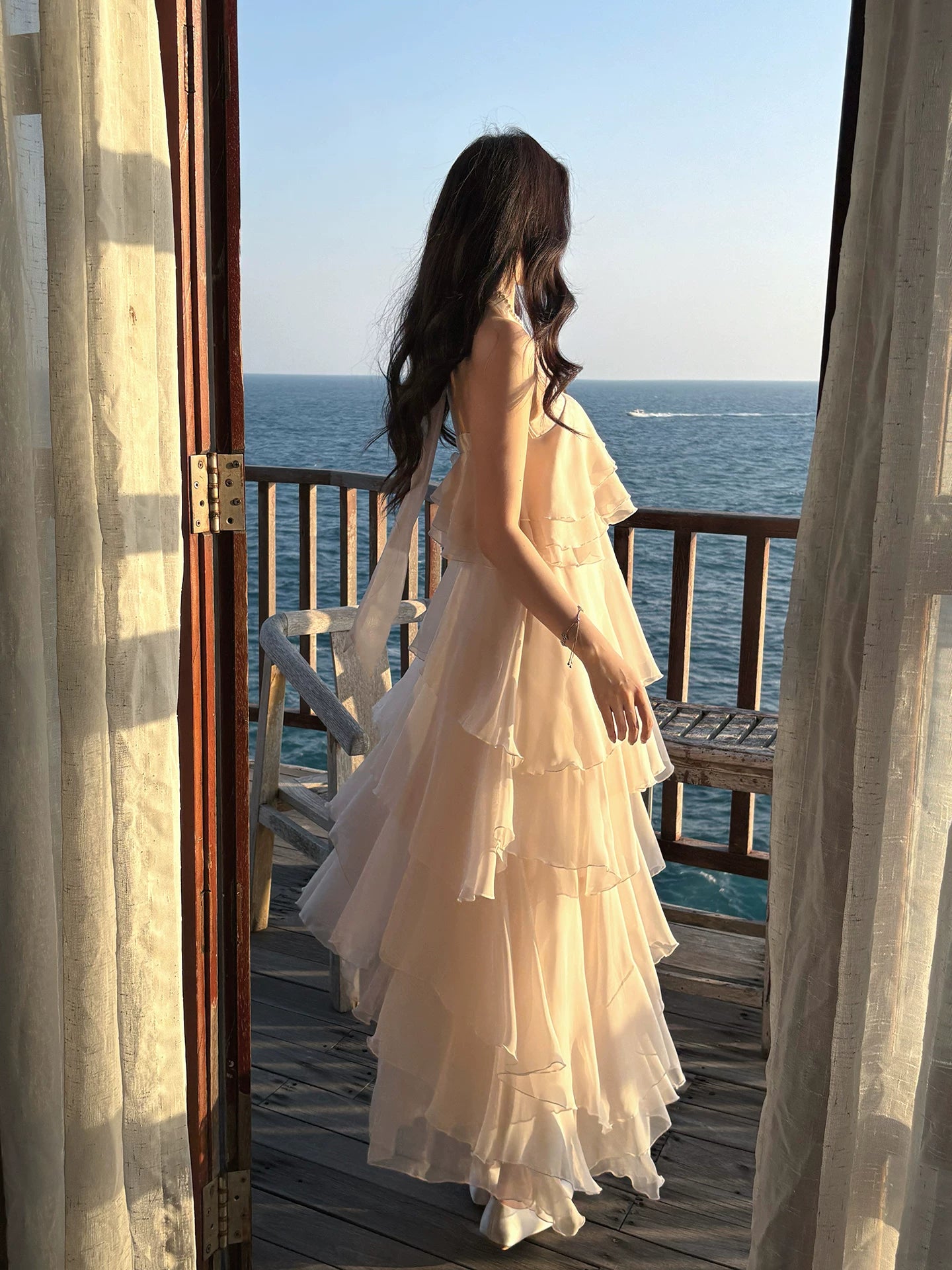 Halter A Line Ivory Chiffon Ruffled Wedding Dress Layered Prom Dress  P1387