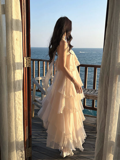 Halter A Line Ivory Chiffon Ruffled Wedding Dress Layered Prom Dress  P1387