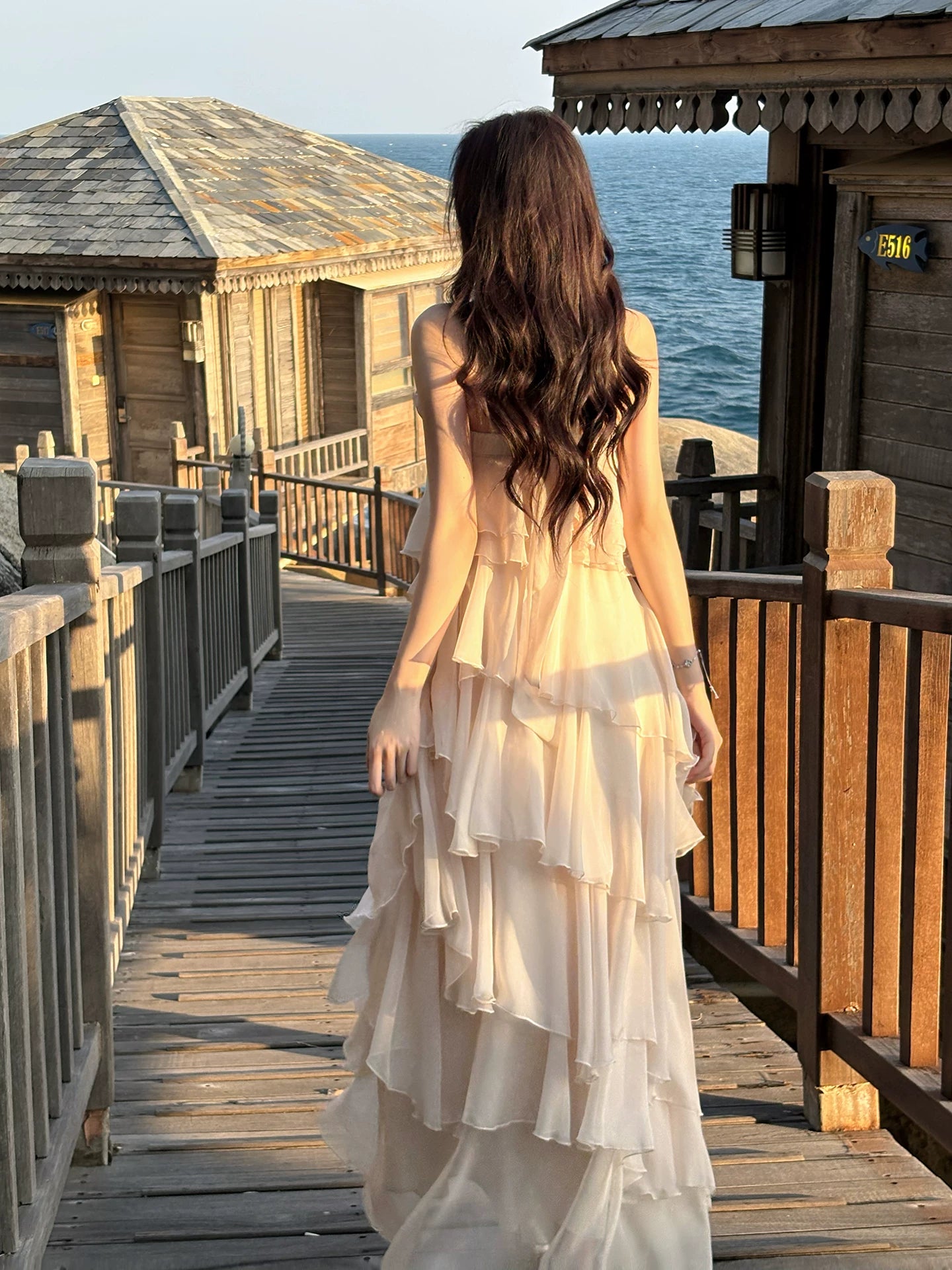 Halter A Line Ivory Chiffon Ruffled Wedding Dress Layered Prom Dress  P1387