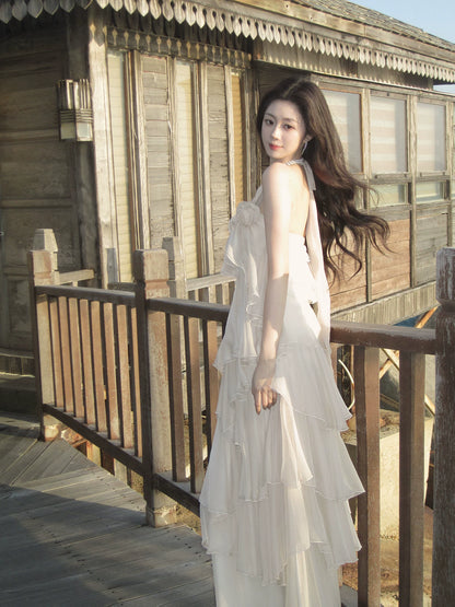 Halter A Line Ivory Chiffon Ruffled Wedding Dress Layered Prom Dress  P1387