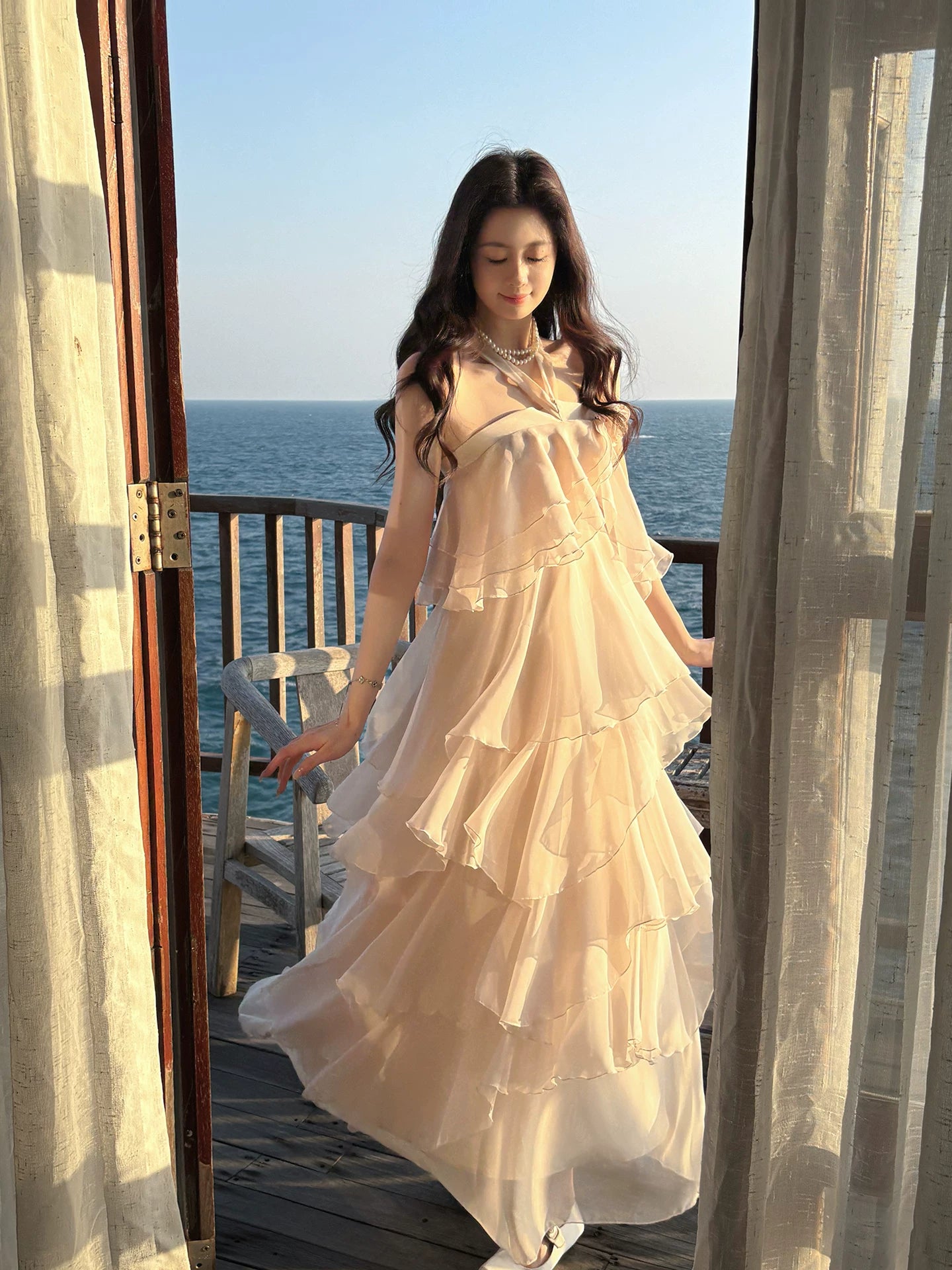 Halter A Line Ivory Chiffon Ruffled Wedding Dress Layered Prom Dress  P1387