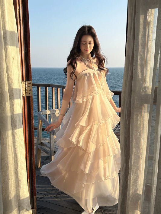 Halter A Line Ivory Chiffon Ruffled Wedding Dress Layered Prom Dress  P1387