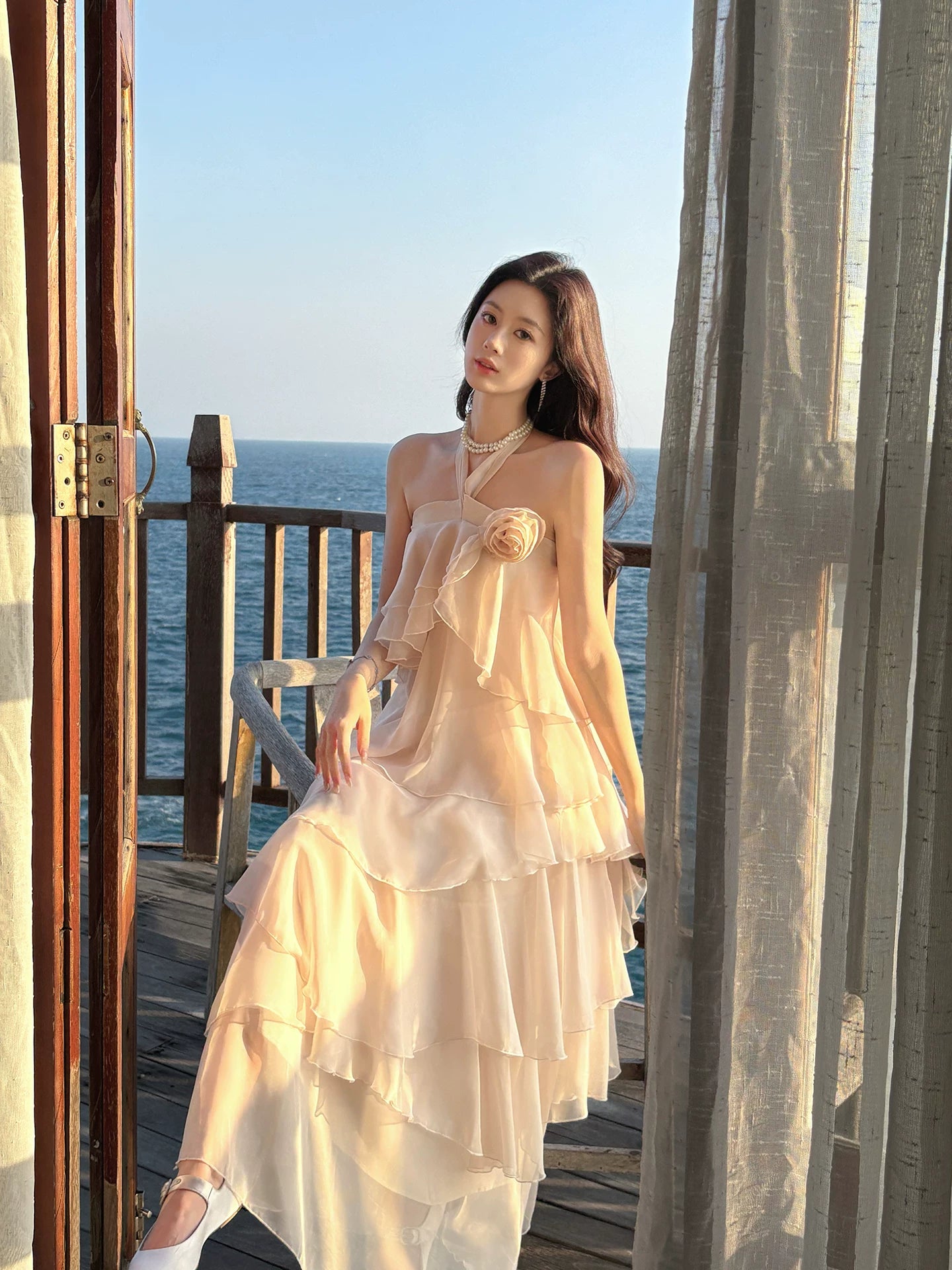 Halter A Line Ivory Chiffon Ruffled Wedding Dress Layered Prom Dress  P1387