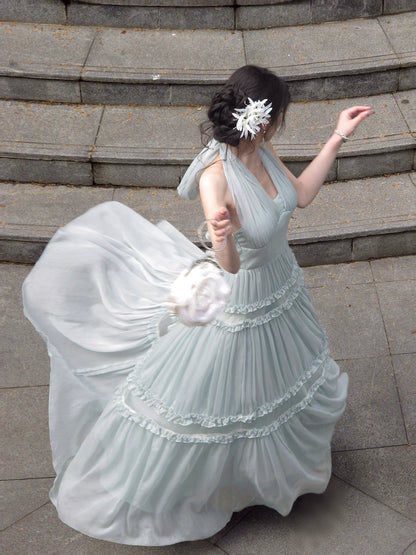Halter A Line Chiffon Ruffled Wedding Guest Dress Long Prom Dress  P1627