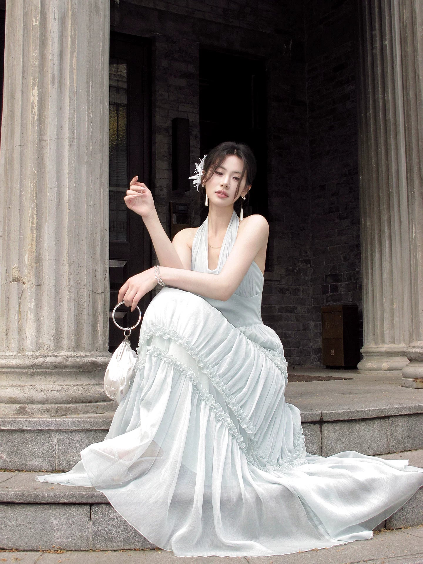 Halter A Line Chiffon Ruffled Wedding Guest Dress Long Prom Dress  P1627