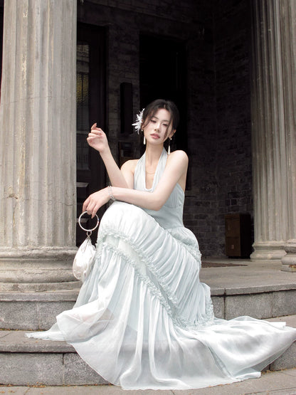 Halter A Line Chiffon Ruffled Wedding Guest Dress Long Prom Dress  P1627