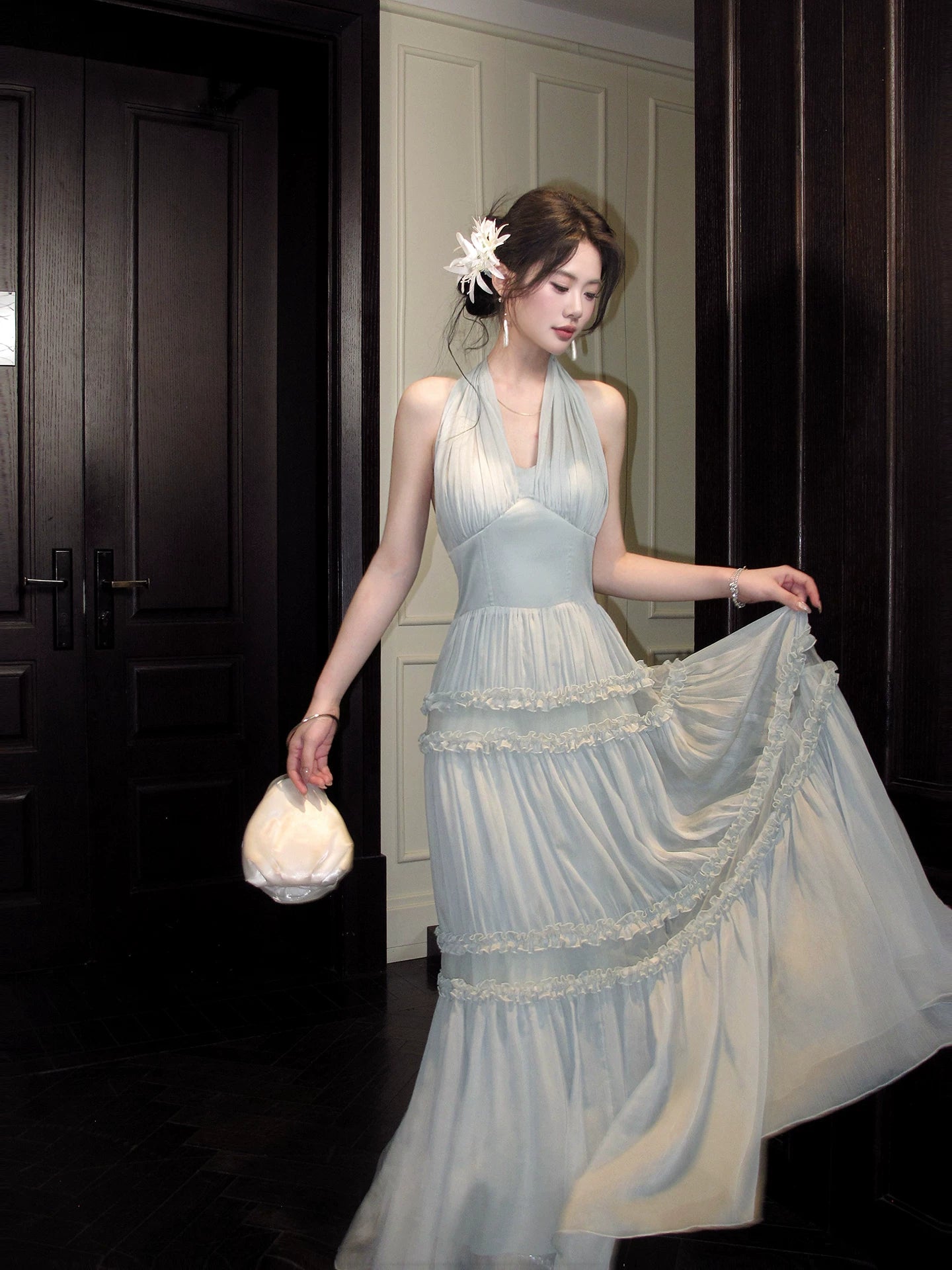 Halter A Line Chiffon Ruffled Wedding Guest Dress Long Prom Dress  P1627