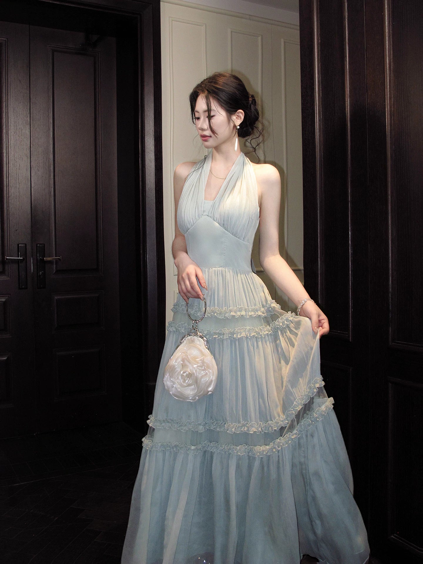 Halter A Line Chiffon Ruffled Wedding Guest Dress Long Prom Dress  P1627