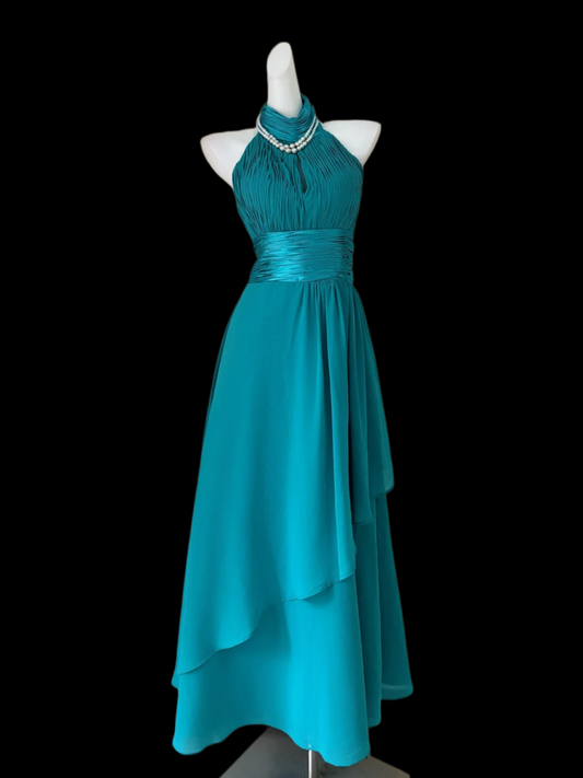 Halter A Line Chiffon Wedding Guest Dress Turquoise Formal Dress  P1066