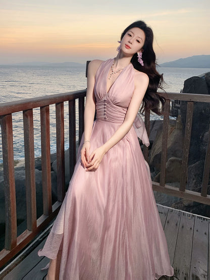 Halter A Line Formal Wedding Guest Dress Sleeveless  Evening Dress  P1550
