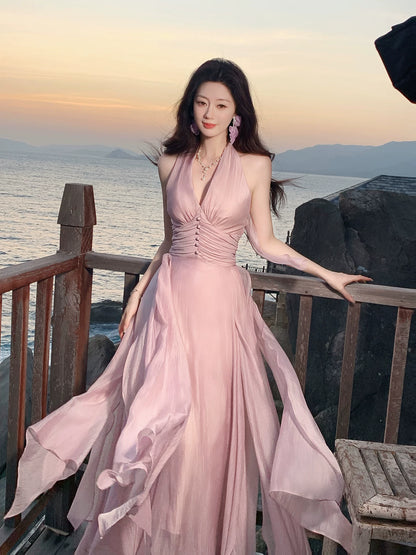 Halter A Line Formal Wedding Guest Dress Sleeveless  Evening Dress  P1550