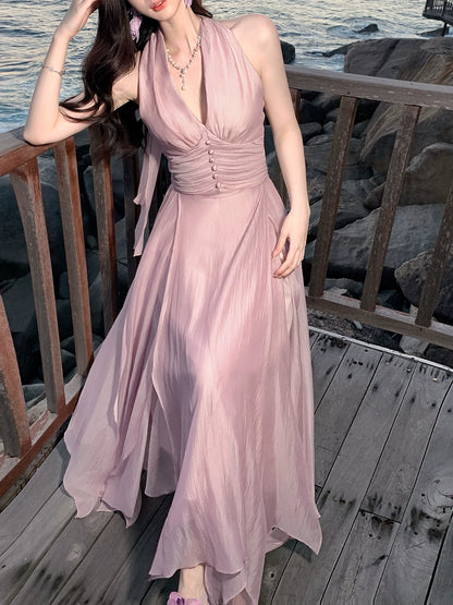 Halter A Line Formal Wedding Guest Dress Sleeveless  Evening Dress  P1550