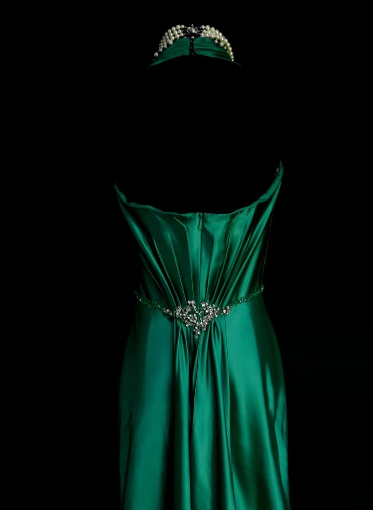 Halter A Line Green Satin Formal Prom Dress Beaded Evening Gown   P2097