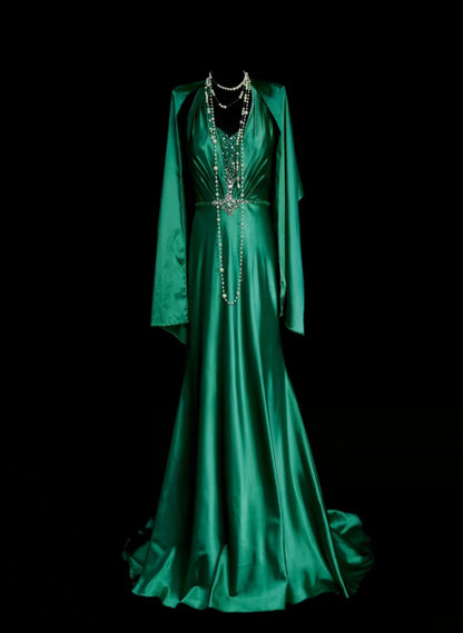 Halter A Line Green Satin Formal Prom Dress Beaded Evening Gown   P2097