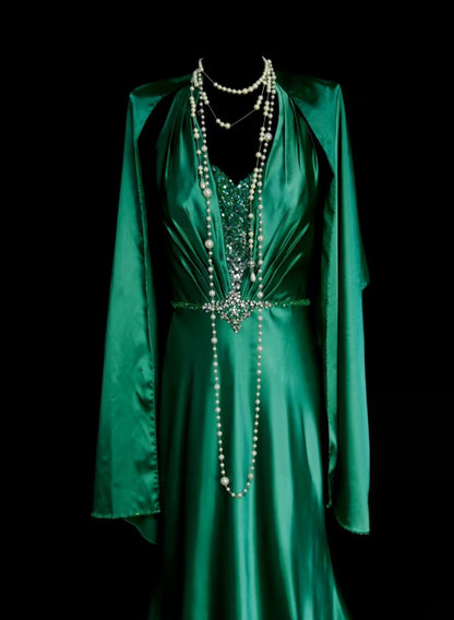 Halter A Line Green Satin Formal Prom Dress Beaded Evening Gown   P2097