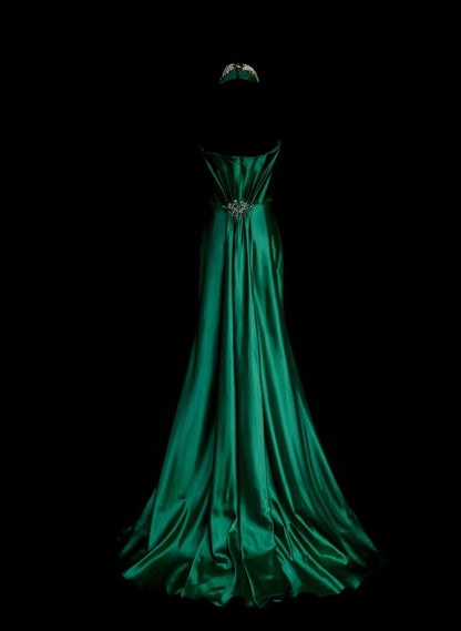 Halter A Line Green Satin Formal Prom Dress Beaded Evening Gown   P2097
