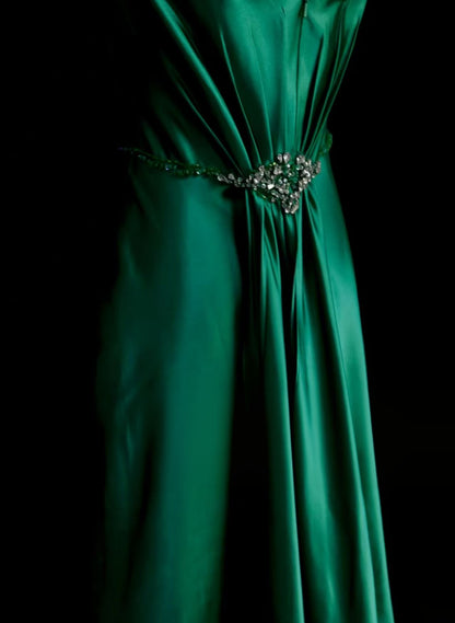Halter A Line Green Satin Formal Prom Dress Beaded Evening Gown   P2097