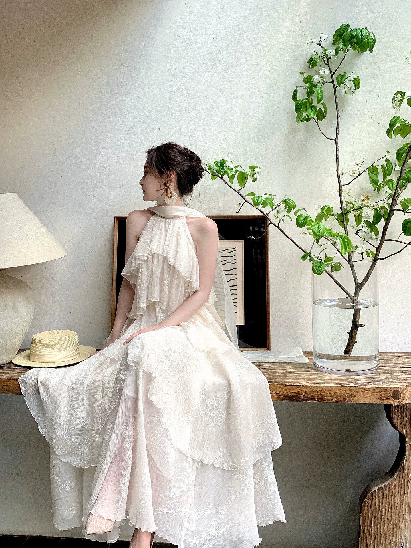 Halter A Line Lace Wedding Dress Layered Formal Dress  L89